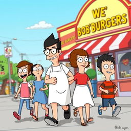 A vibrant and dynamic scene featuring characters from Bob's Burgers, specifically Bob, Linda, and the kids, as they walk together in a cheerful and animated style