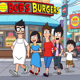 A vibrant and dynamic scene featuring characters from Bob's Burgers, specifically Bob, Linda, and the kids, as they walk together in a cheerful and animated style