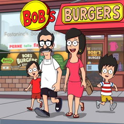 A vibrant and dynamic scene featuring characters from Bob's Burgers, specifically Bob, Linda, and the kids, as they walk together in a cheerful and animated style