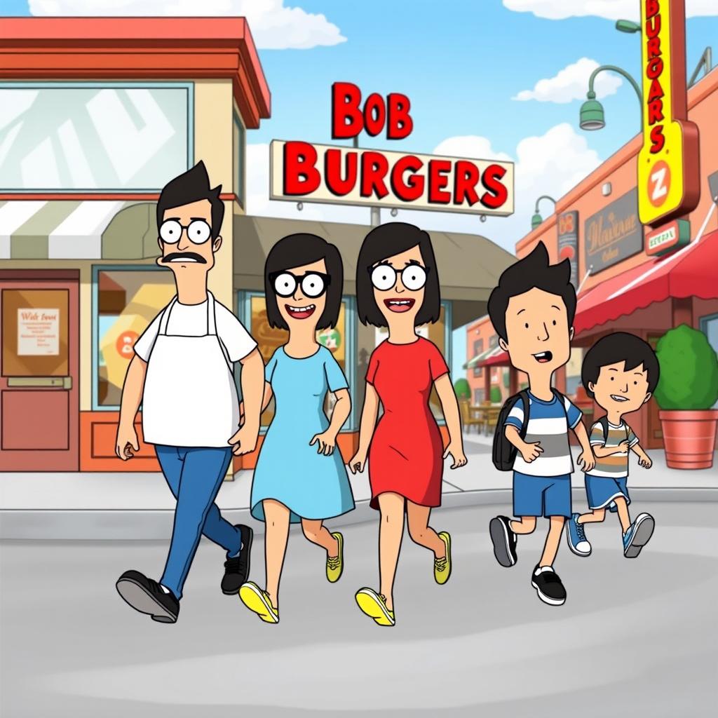 A vibrant and dynamic scene featuring characters from Bob's Burgers, specifically Bob, Linda, and the kids, as they walk together in a cheerful and animated style
