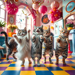 A whimsical scene of playful cats dancing joyfully in a colorful room filled with vibrant decor