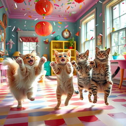 A whimsical scene of playful cats dancing joyfully in a colorful room filled with vibrant decor