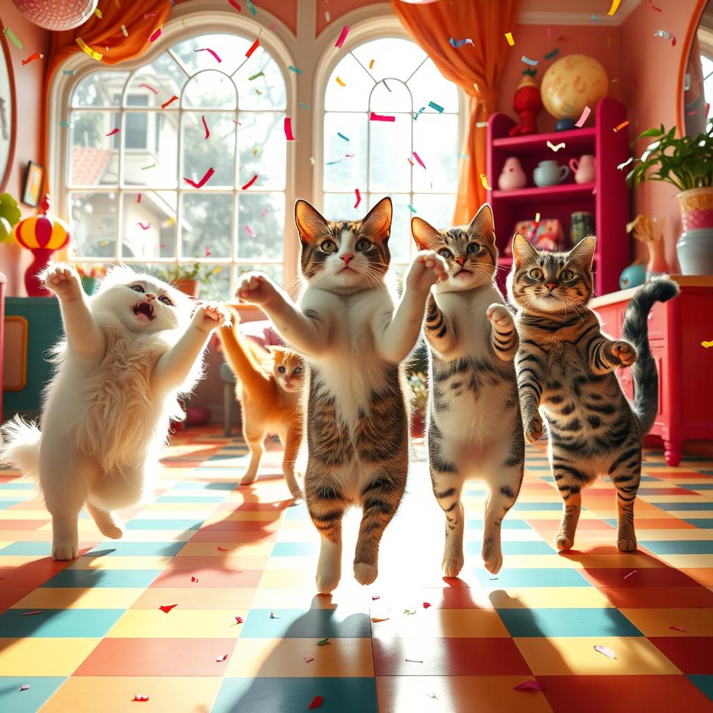 A whimsical scene of playful cats dancing joyfully in a colorful room filled with vibrant decor