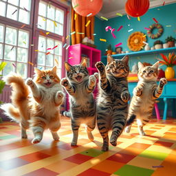 A whimsical scene of playful cats dancing joyfully in a colorful room filled with vibrant decor
