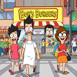 A lively scene depicting characters from Bob's Burgers, particularly Bob and Linda, as they walk across the street together