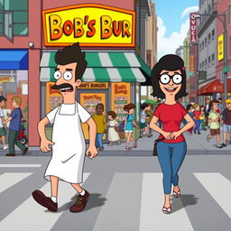 A lively scene depicting characters from Bob's Burgers, particularly Bob and Linda, as they walk across the street together