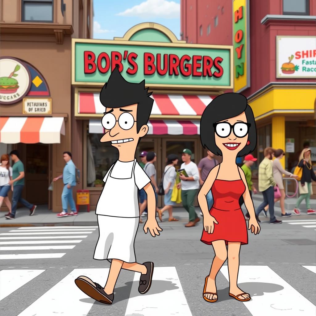 A lively scene depicting characters from Bob's Burgers, particularly Bob and Linda, as they walk across the street together