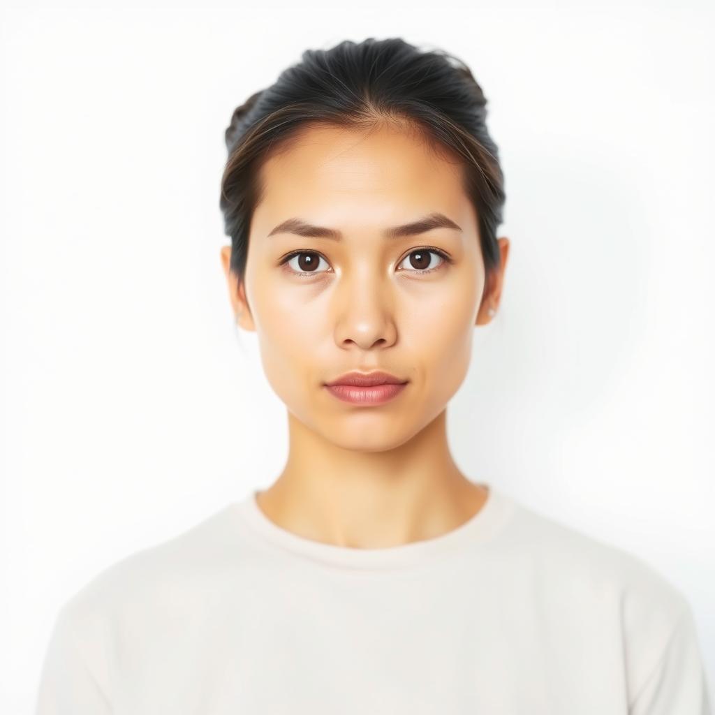 A perfectly compliant passport photo featuring an individual with neutral facial expression, straight posture, centered in the frame
