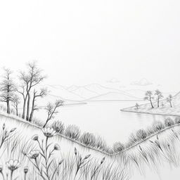A close-up view of a beautiful, intricately detailed pencil sketch showcasing a serene landscape