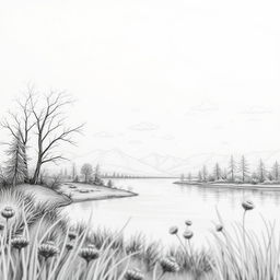 A close-up view of a beautiful, intricately detailed pencil sketch showcasing a serene landscape