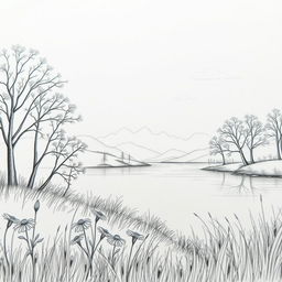 A close-up view of a beautiful, intricately detailed pencil sketch showcasing a serene landscape