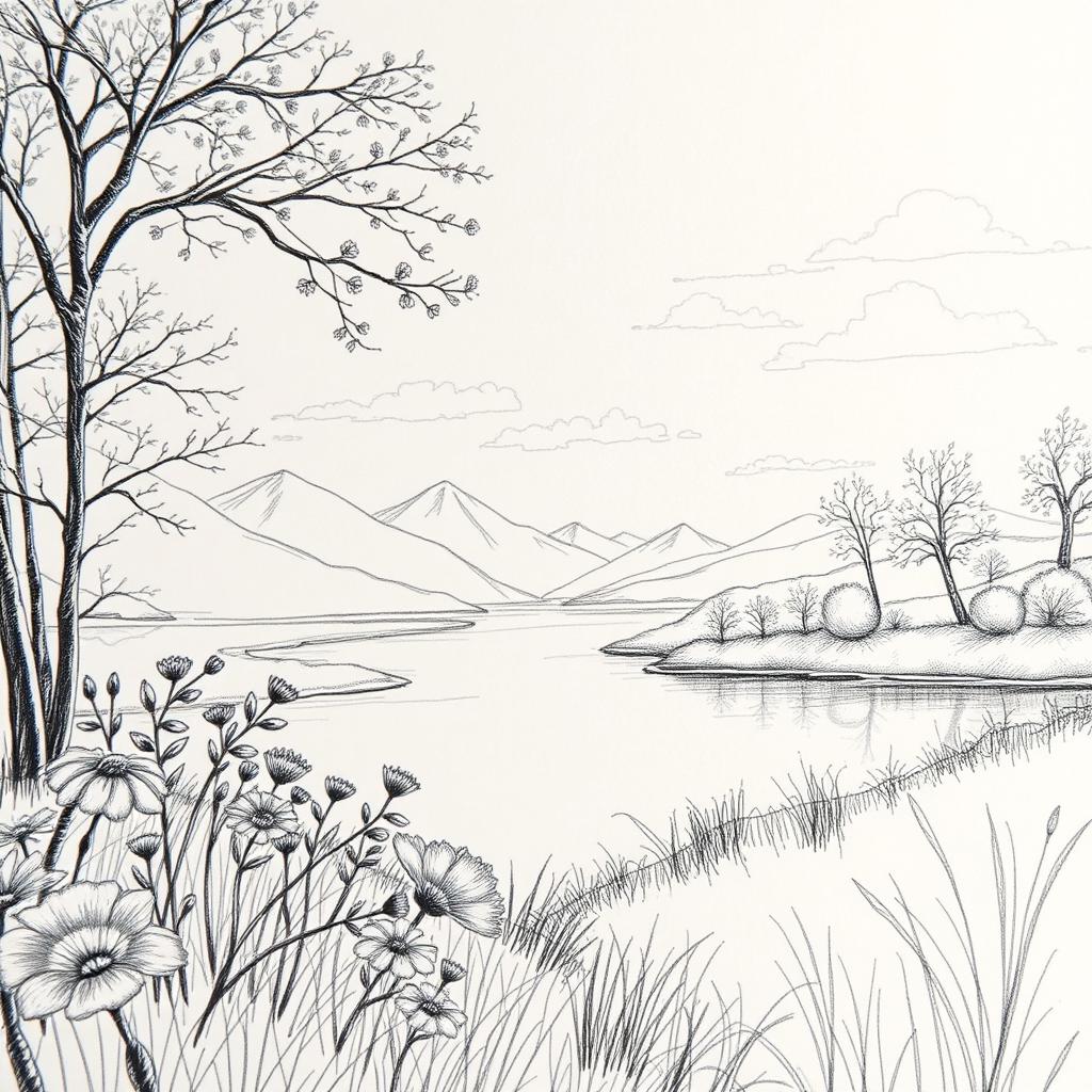 A close-up view of a beautiful, intricately detailed pencil sketch showcasing a serene landscape