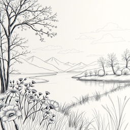 A close-up view of a beautiful, intricately detailed pencil sketch showcasing a serene landscape