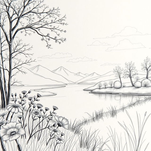 A close-up view of a beautiful, intricately detailed pencil sketch showcasing a serene landscape