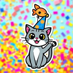 A vibrant and playful sticker design featuring a whimsical cartoon-style cat with oversized eyes and a big smile, wearing a colorful party hat