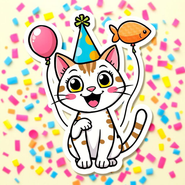 A vibrant and playful sticker design featuring a whimsical cartoon-style cat with oversized eyes and a big smile, wearing a colorful party hat