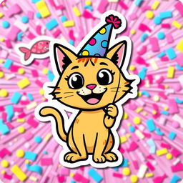 A vibrant and playful sticker design featuring a whimsical cartoon-style cat with oversized eyes and a big smile, wearing a colorful party hat