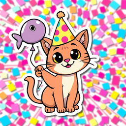 A vibrant and playful sticker design featuring a whimsical cartoon-style cat with oversized eyes and a big smile, wearing a colorful party hat