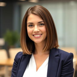 A professional LinkedIn profile photo featuring a confident young woman with shoulder-length brown hair, wearing a tailored navy blue blazer over a crisp white blouse