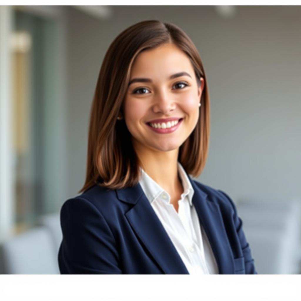 A professional LinkedIn profile photo featuring a confident young woman with shoulder-length brown hair, wearing a tailored navy blue blazer over a crisp white blouse
