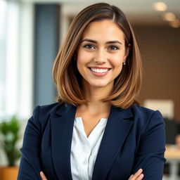 A professional LinkedIn profile photo featuring a confident young woman with shoulder-length brown hair, wearing a tailored navy blue blazer over a crisp white blouse