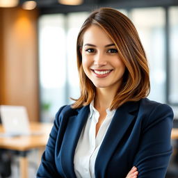A professional LinkedIn profile photo featuring a confident young woman with shoulder-length brown hair, wearing a tailored navy blue blazer over a crisp white blouse