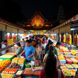 A vibrant night market scene in Malaysia filled with people bustling about, shopping for delicious traditional snacks and dishes