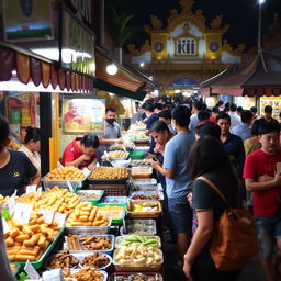 A vibrant night market scene in Malaysia filled with people bustling about, shopping for delicious traditional snacks and dishes