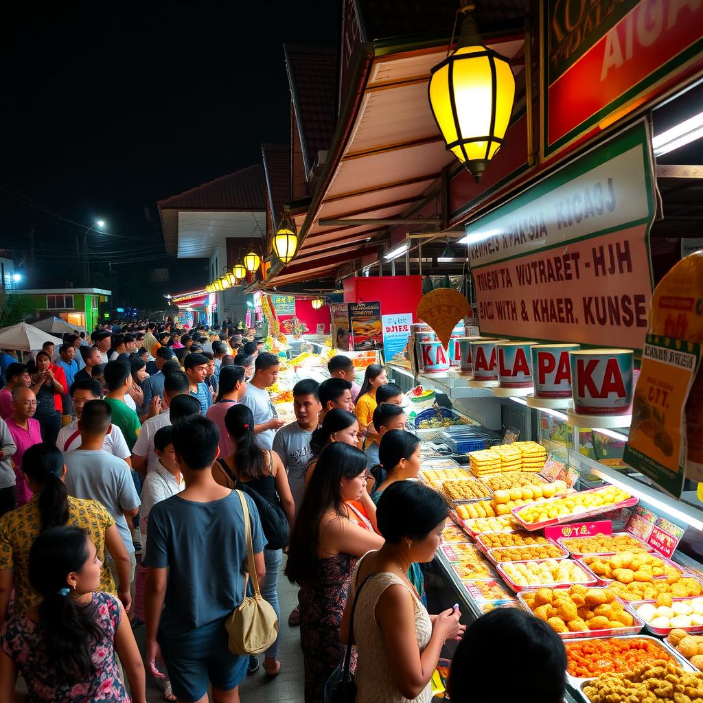 A vibrant night market scene in Malaysia filled with people bustling about, shopping for delicious traditional snacks and dishes