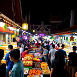 A vibrant night market scene in Malaysia filled with people bustling about, shopping for delicious traditional snacks and dishes