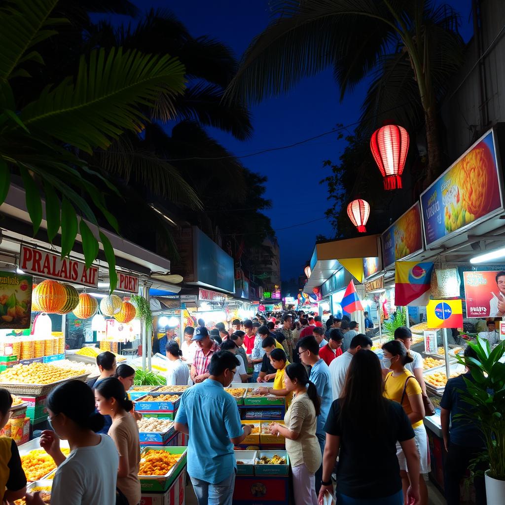 A vibrant night market scene in Malaysia, bustling with people shopping for traditional Malaysian kuih (snacks) and various local dishes (lauk pauk)