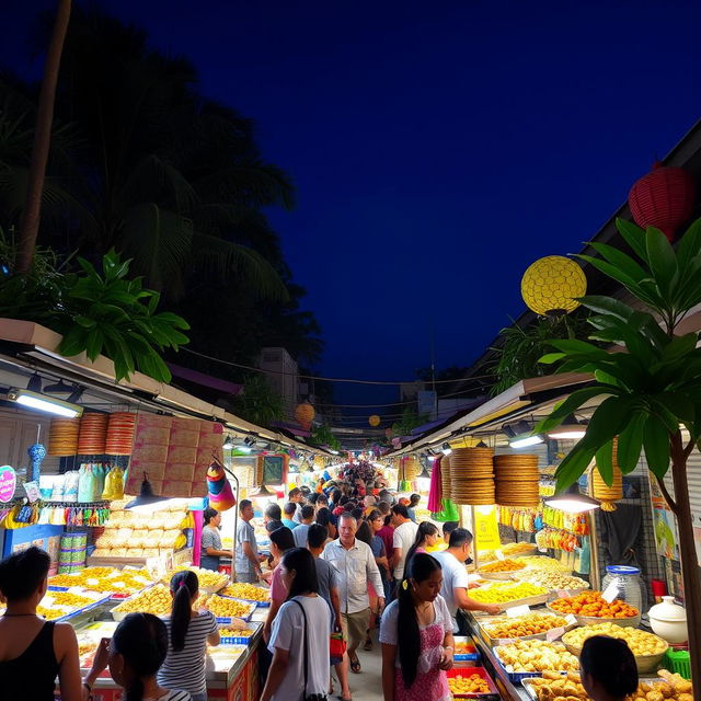 A vibrant night market scene in Malaysia, bustling with people shopping for traditional Malaysian kuih (snacks) and various local dishes (lauk pauk)