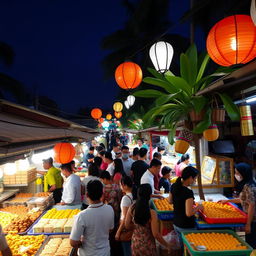 A vibrant night market scene in Malaysia, bustling with people shopping for traditional Malaysian kuih (snacks) and various local dishes (lauk pauk)