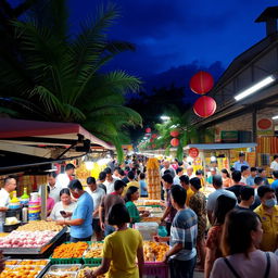 A vibrant night market scene in Malaysia, bustling with people shopping for traditional Malaysian kuih (snacks) and various local dishes (lauk pauk)