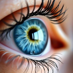 A close-up of a human eye with bright blue irises, emphasizing the detailed textures of the eyelashes and the reflection of light in the pupil, surrounded by soft skin tones