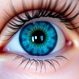 A close-up of a human eye with bright blue irises, emphasizing the detailed textures of the eyelashes and the reflection of light in the pupil, surrounded by soft skin tones