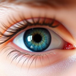 A close-up of a human eye with bright blue irises, emphasizing the detailed textures of the eyelashes and the reflection of light in the pupil, surrounded by soft skin tones