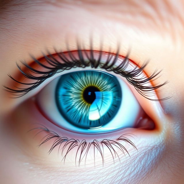 A close-up of a human eye with bright blue irises, emphasizing the detailed textures of the eyelashes and the reflection of light in the pupil, surrounded by soft skin tones