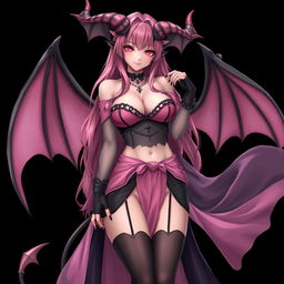 A realistic, sexy gothic anime succubus girl with elegant wings, striking horns, and a long tail