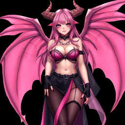 A realistic, sexy gothic anime succubus girl with elegant wings, striking horns, and a long tail