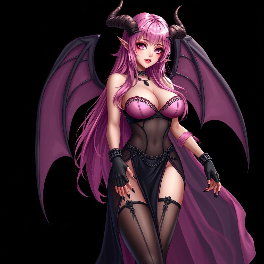 A realistic, sexy gothic anime succubus girl with elegant wings, striking horns, and a long tail