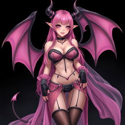 A realistic, sexy gothic anime succubus girl with elegant wings, striking horns, and a long tail