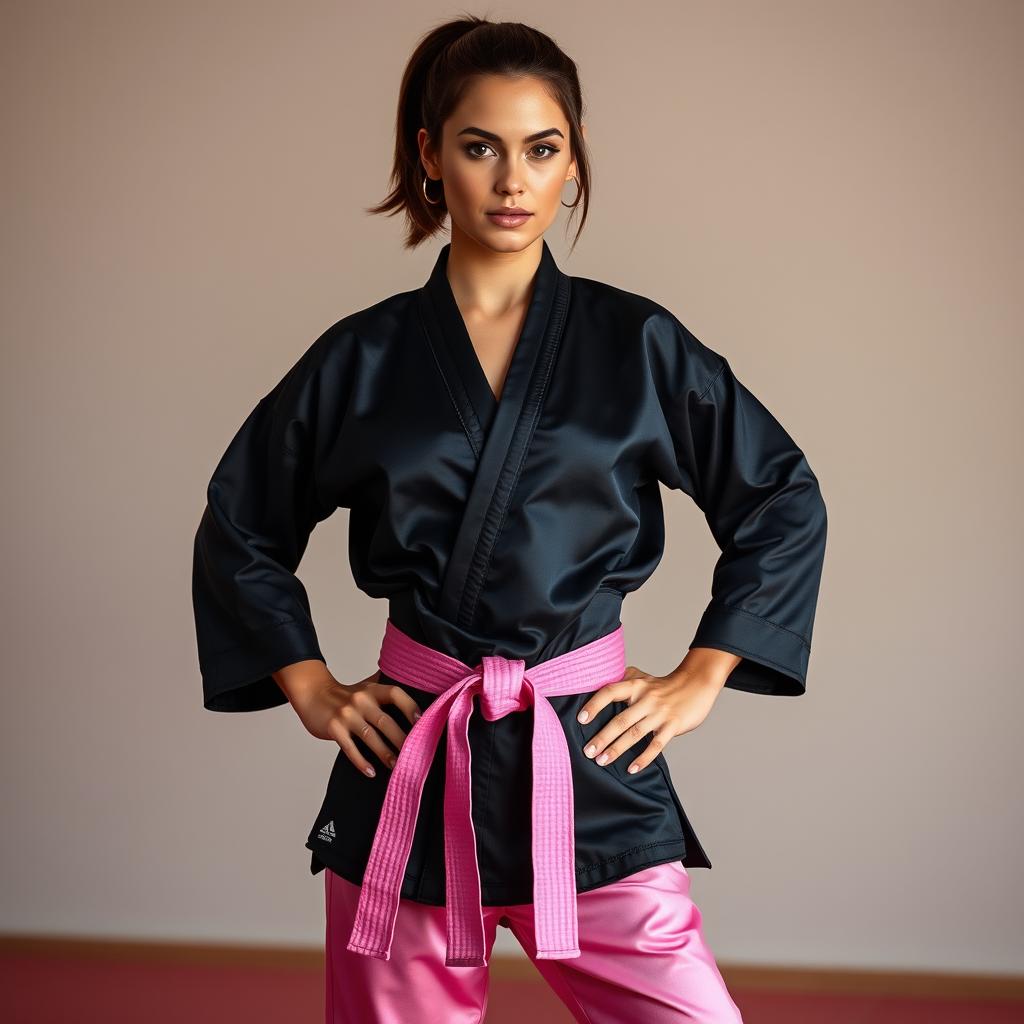 A beautiful, athletic martial arts expert with a short ponytail of brunette hair, wearing a sleek, black silk satin karate gi