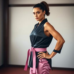 A beautiful, athletic martial arts expert with a short ponytail of brunette hair, wearing a sleek, black silk satin karate gi
