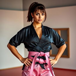 A beautiful, athletic martial arts expert with a short ponytail of brunette hair, wearing a sleek, black silk satin karate gi