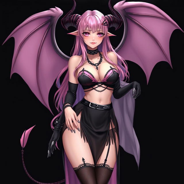 A realistic, sexy gothic anime succubus girl with graceful wings, striking horns, and a long tail