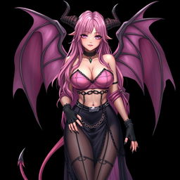 A realistic, sexy gothic anime succubus girl with graceful wings, striking horns, and a long tail
