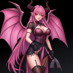 A realistic, sexy gothic anime succubus girl with graceful wings, striking horns, and a long tail