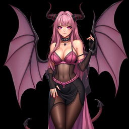 A realistic, sexy gothic anime succubus girl with graceful wings, striking horns, and a long tail