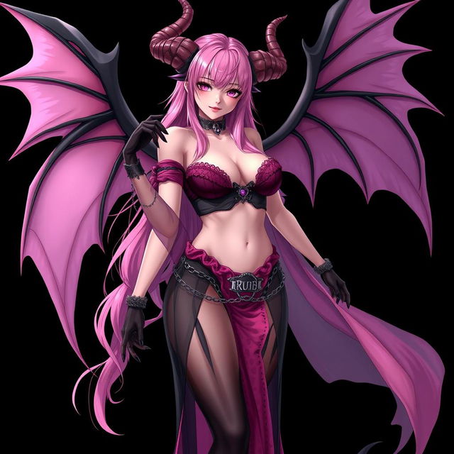 A realistic, sexy gothic anime succubus girl featuring majestic wings, prominent horns, and a flowing tail